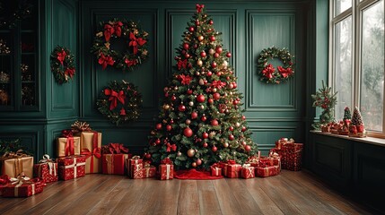 24. Christmas tree backdrop surrounded by festive Christmas gifts, creating a heartwarming scene