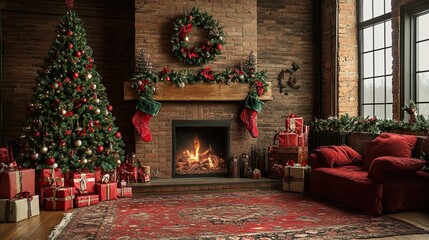 21. Red and green-themed Christmas tree backdrop, full of festive charm and holiday spirit