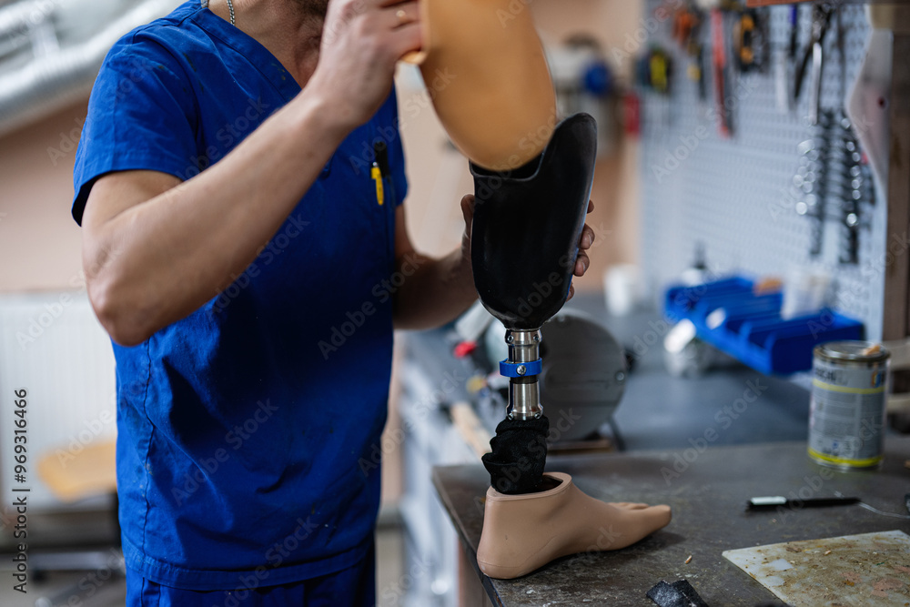 Poster technician assembling prosthetic leg in workshop setting