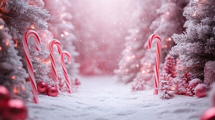 15. Winter wonderland Christmas backdrop featuring candy canes and a magical holiday setting