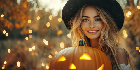 Naklejka premium Blonde girl in a halloween witch costume with a pumpkin. 