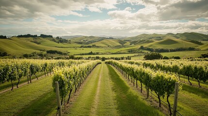 Obraz premium A picturesque vineyard with neatly arranged grapevines and rolling hills in the background, capturing the charm and beauty of the countryside