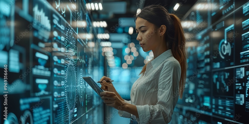 Poster woman working with futuristic digital interfaces on a tablet in a high-tech environment, symbolizing