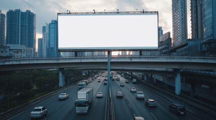 Highway with blank billboard and cars during dusk in a modern city with high-rise buildings, perfect for urban advertising space concept.