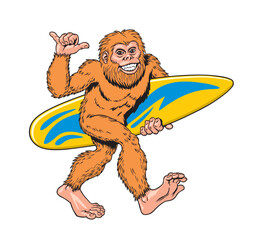 Bigfoot or yeti holding a surf board, walking on the beach and showing a shaka sign. Ape or troglodyte mascot. Comic style vector illustration