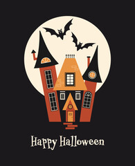 Happy Halloween vector quote. Bats and a gloomy castle against the backdrop of a full moon. Halloween vector illustration. Happy Holiday quote, funny design.