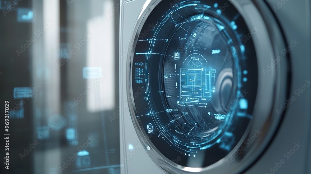 Poster a close-up of an iot-enabled washing machine being controlled remotely
