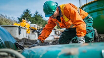 A professional waste disposal worker is seen cleaning a septic tank.