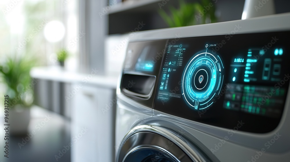 Poster a close-up of an iot-enabled washing machine being controlled remotely