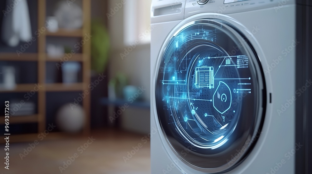 Poster a close-up of an iot-enabled washing machine being controlled remotely
