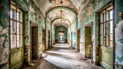 Fototapeta premium The corridor of an old, abandoned hospital, with its shabby walls and doors, represents the architecture of an aged and forgotten building, ideal for your design.