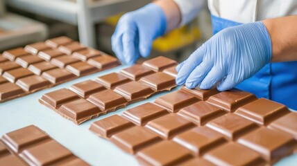 Factory worker performing quality control on chocolate bars, Chocolate factory, inspection, high-quality production