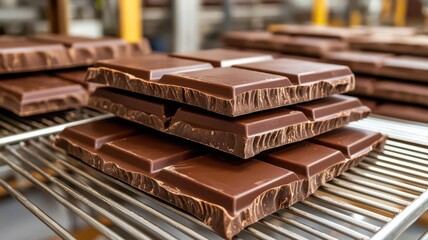 Giant chocolate bars cooling on racks inside a factory, Chocolate production, large-scale, sweet indulgence