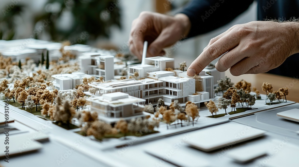 Poster a close-up of augmented reality being used to design complex architectural models