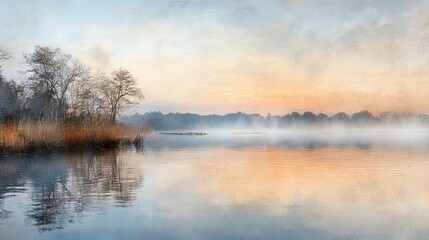 Fototapeta premium A serene lakeside scene at sunrise, with the water reflecting the soft pastel hues of the sky and a mist gently rising from the surface.