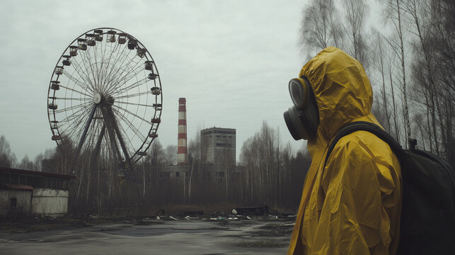 man wearing gas mask and protective suit for radioactive radiation visiting chernobyl ukraine after nuclear desaster