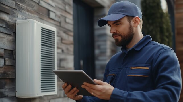 Technician inspecting exterior unit while using tablet for maintenance assessment during daytime outdoors