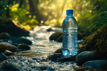 A bottle of water sitting on a rock in a stream