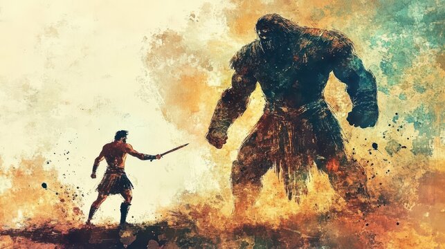 ancient warrior confronting a giant david and goliath digital watercolor painting