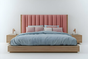 Modern Bedroom Illustration: Pink Headboard and Wooden Bed Frame