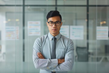 Fototapeta premium A confident businessman wearing glasses stands with arms crossed in a modern office setting, conveying professionalism and leadership.