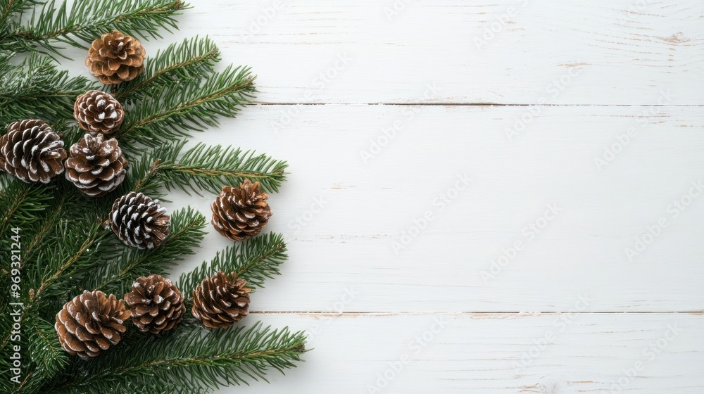 Poster Christmas tree branches with pine cones conifer plant abies.