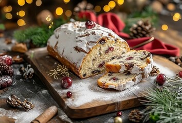 A festive loaf of Christmas stollen with powdered sugar and cranberries