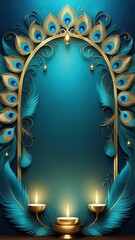 Fototapeta premium A decorative peacock-themed frame with candles, suitable for festive occasions.