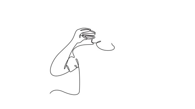 One continuous line drawing of eating concept. Full length animation illustration. High quality 4k footage.