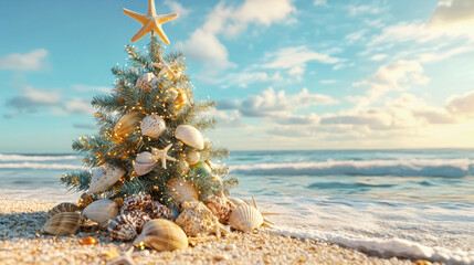 Christmas tree decorated with seashells and starfish on a tropical beach with ocean waves in the background, copy space.