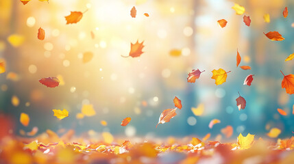 Vibrant rainy autumn scene in a wet forest, with colorful fall leaves scattered across the ground and gently floating through the air.