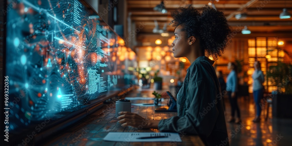Poster woman analyzing data on a large futuristic screen in a modern office, surrounded by glowing digital 