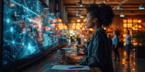 Woman analyzing data on a large futuristic screen in a modern office, surrounded by glowing digital graphics and a collaborative workspace atmosphere