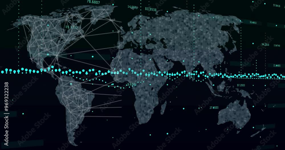 Poster animation of data processing and diagrams over world map on black background