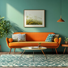 Mid-Century Modern Interior Design Illustration - Orange Sofa and Green Wall