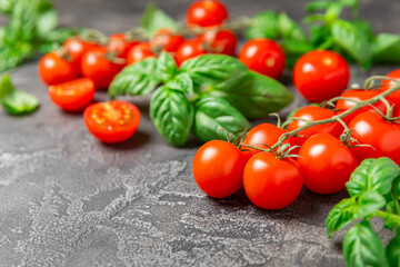 Fresh cherry tomatoes and fresh green basil on a textured background. Tomato sauce. Vegan. Ingredients for salad. Organic food. Place for text. Copy space.