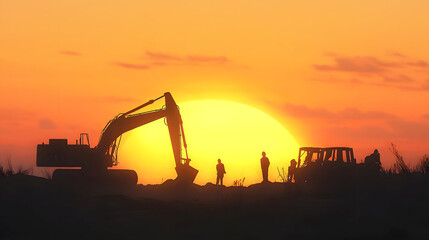 construction scene at dawn, with workers and heavy machinery silhouetted against a glowing horizon, symbolizing the promise of progress