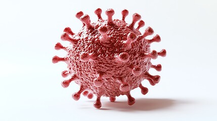 A detailed 3D rendering of a virus, showcasing its structure and features in vibrant red against a clean white background.