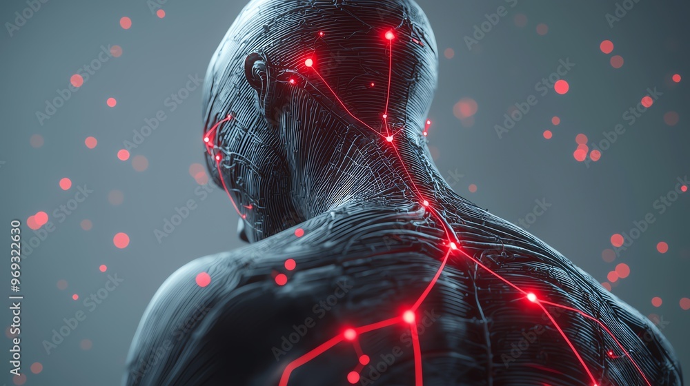 Aufkleber a striking close-up of a human figure showcasing intricate red neural networks and vibrant particles