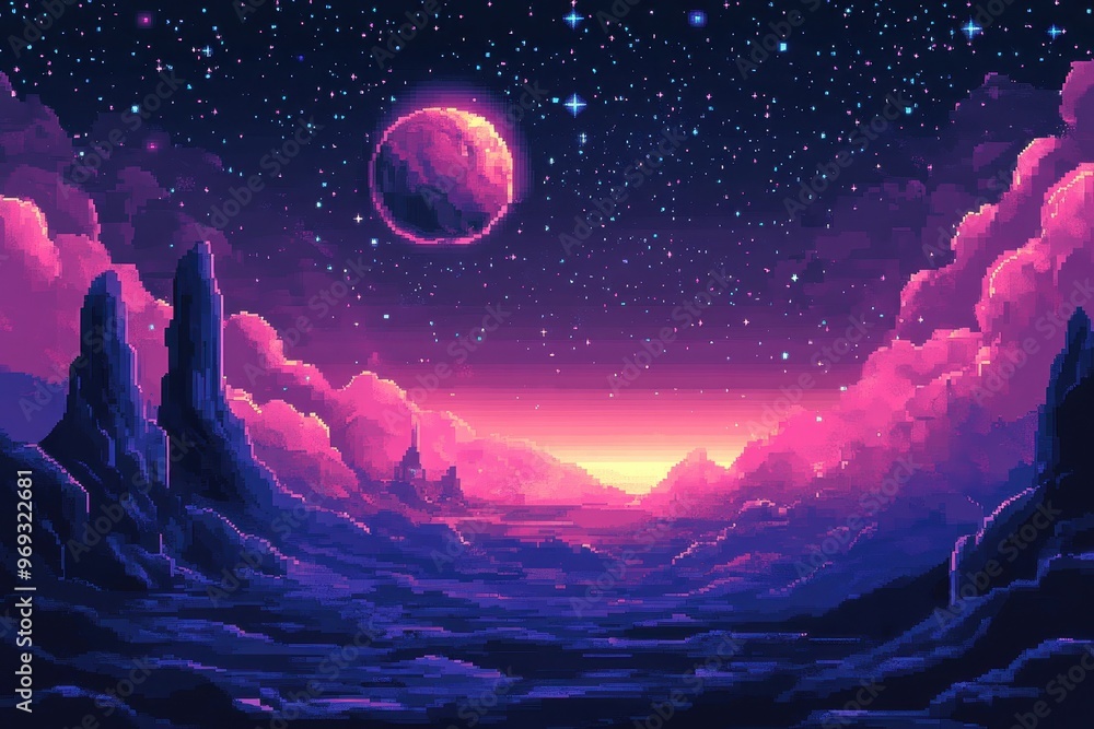 Poster pixelated universe - 8-bit outer space background with dark sky and space for text