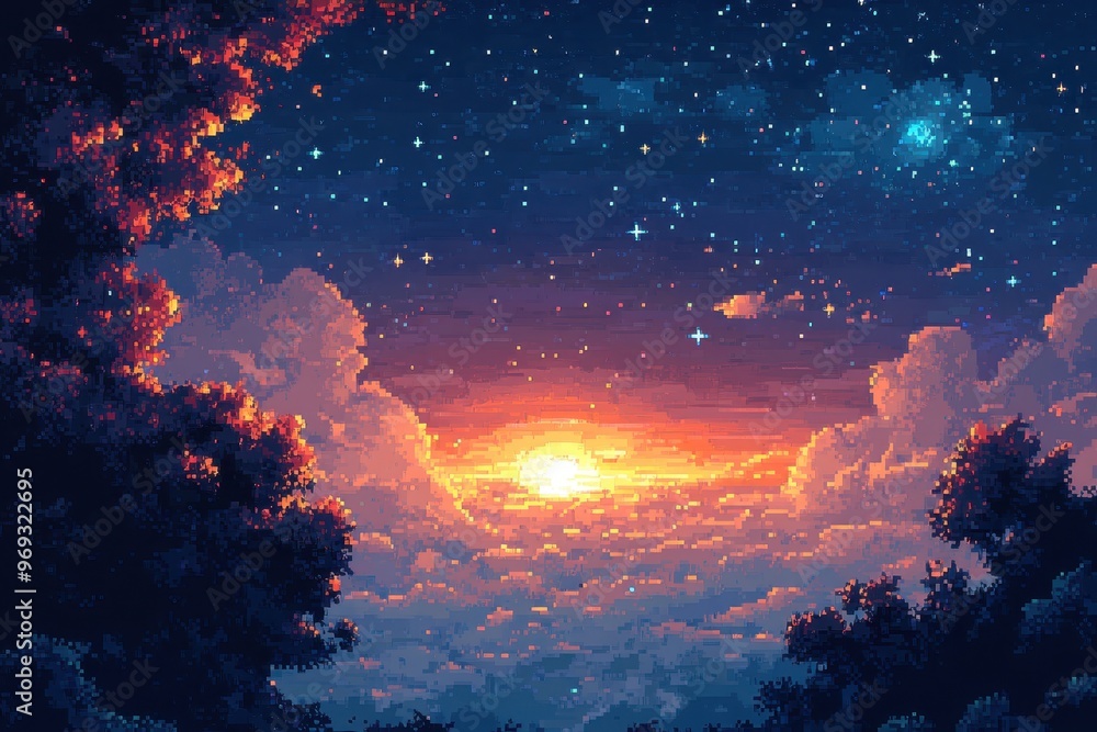 Poster retro 8-bit outer space background with pixel stars and dark sky for text overlay