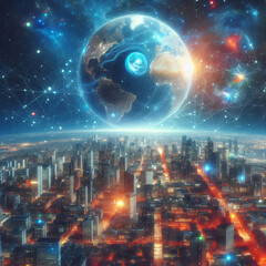 Fototapeta premium A futuristic cityscape with an oversized Earth looming in a star-filled sky