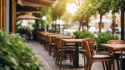 empty outdoor restaurant or cafe  with wooden tables and chairs and green plants