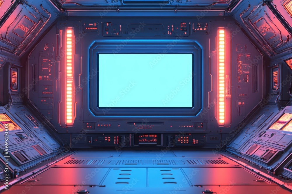 Poster futuristic retro arcade spaceship cockpit with blank screen for text