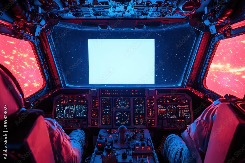 Poster futuristic retro arcade spaceship cockpit with blank screen for text overlay