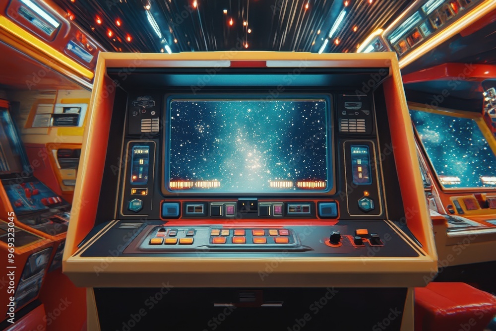 Poster futuristic retro arcade spaceship cockpit with blank screen for text overlay