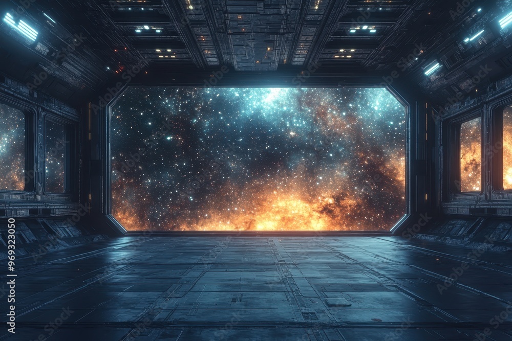 Poster futuristic 16-bit space station with windows on blank starry background for copy space