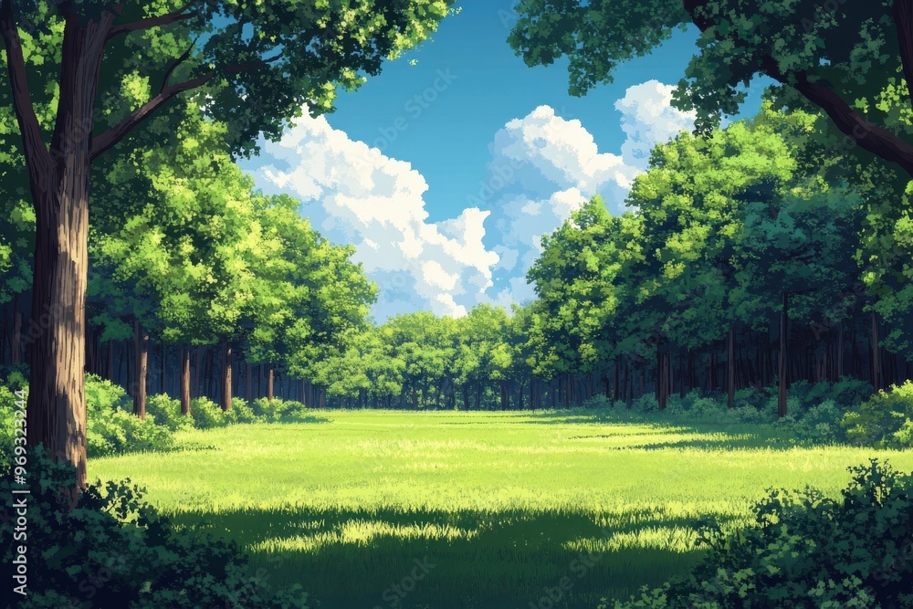 Poster retro 8-bit pixel forest clearing with copy space for text - vintage video game style scene with gra