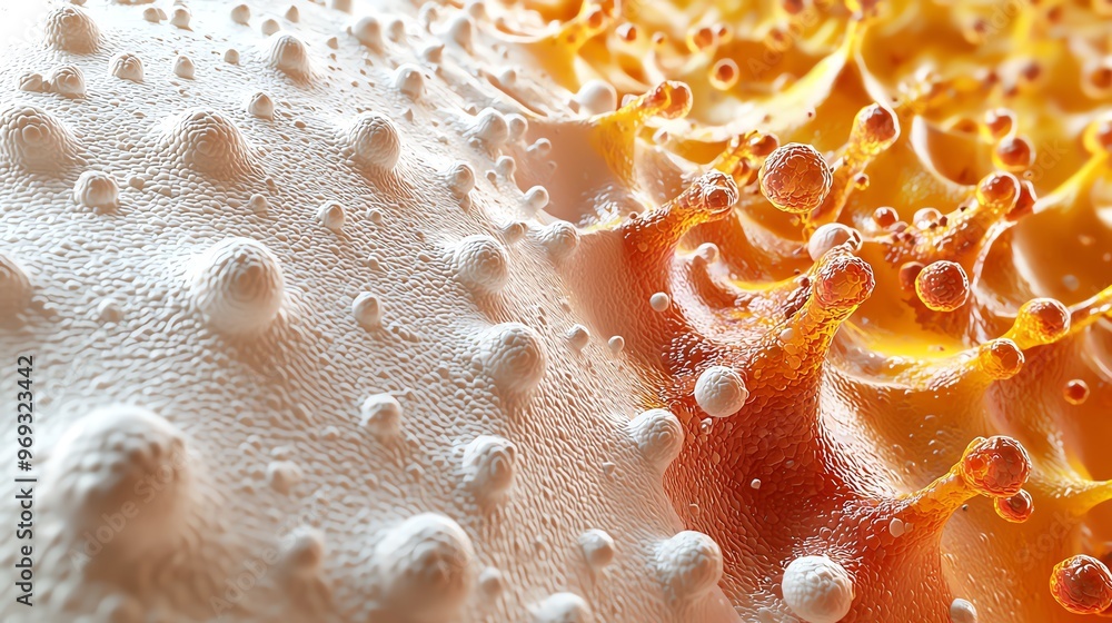 Poster close-up of textured surface with bubbles and variations in color, showcasing intricate details and 