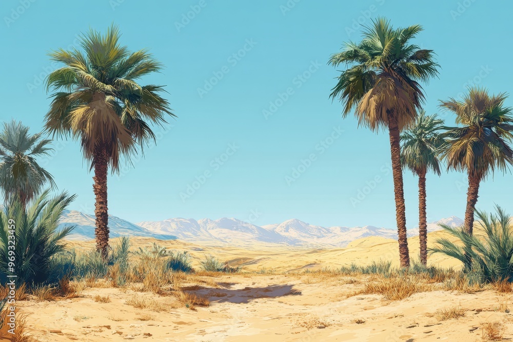 Poster retro 16-bit desert oasis with palm trees and clear sky for copy space